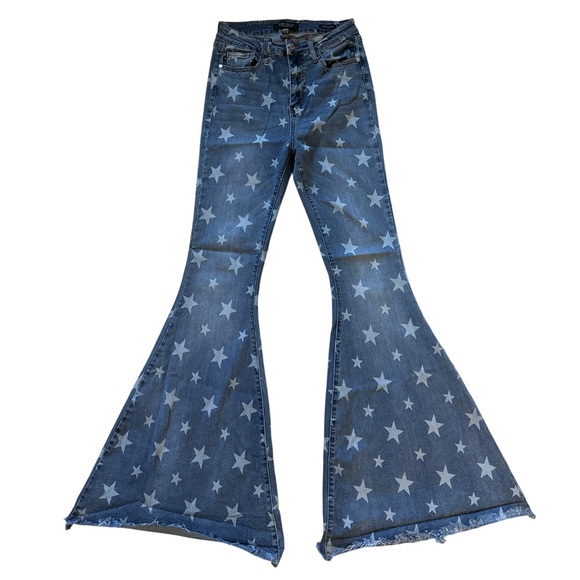 Judy Blue Spangled Super Flare Bell Bottom Jeans Sz 28 High Rise Star Print - Picture 2 of 11